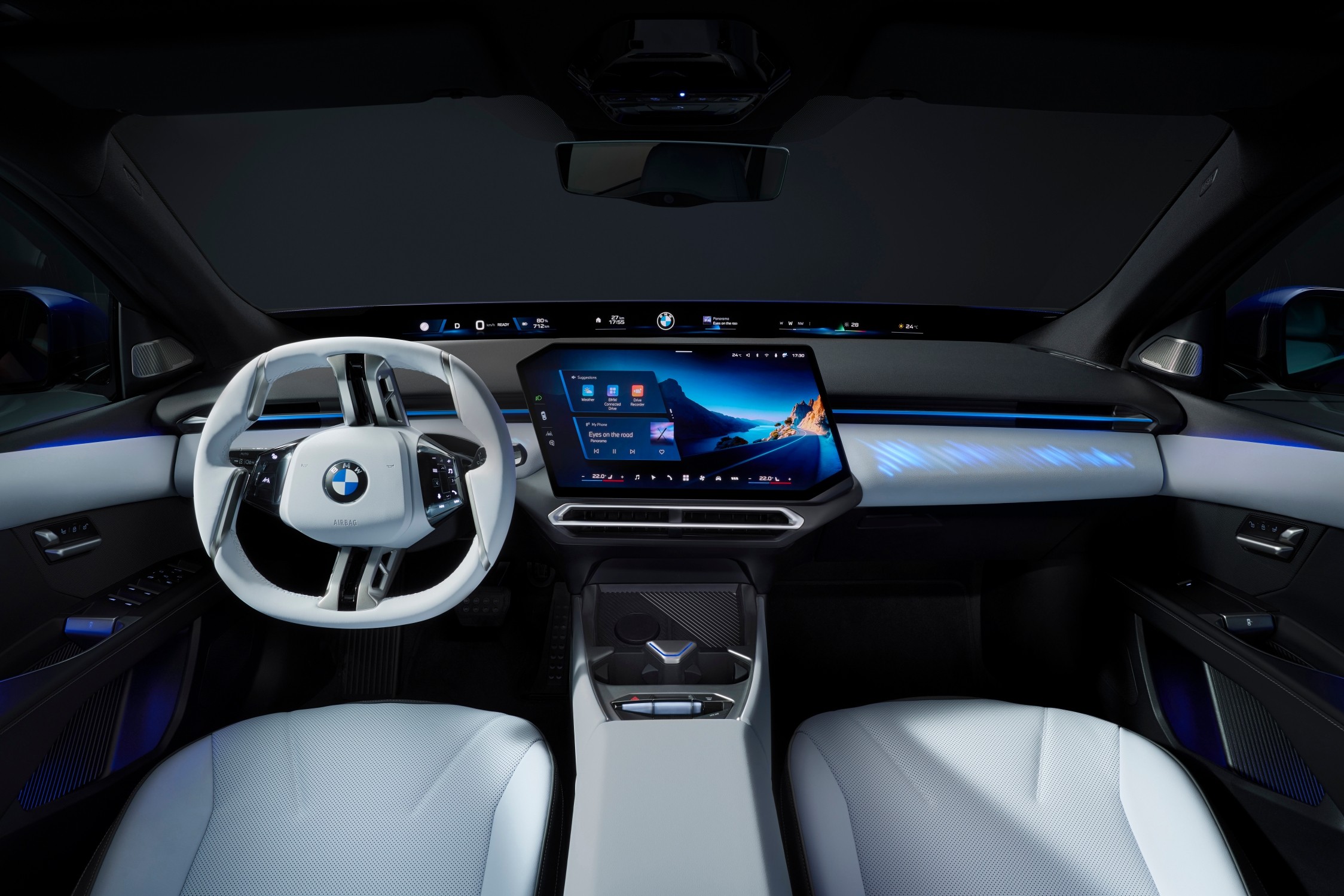 car interior dashboard panoramic windshield display futuristic